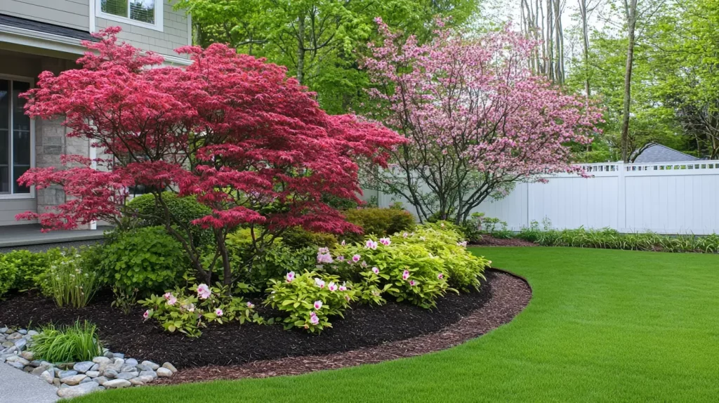 Modern front yard with colorful flowering trees, manicured shrubs, and a vibrant green lawn in Morris County