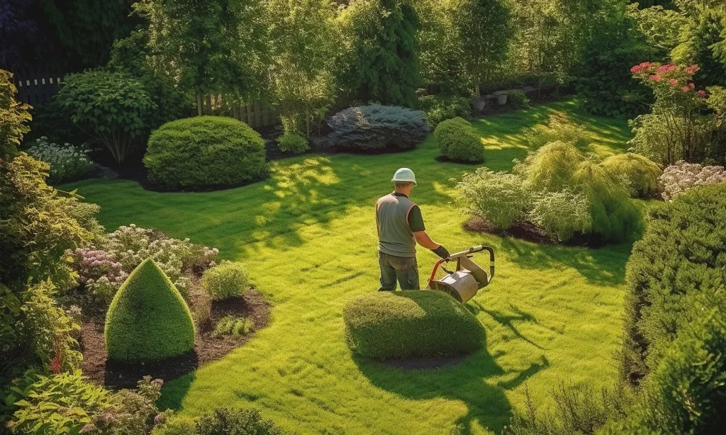 Landscaper mowing a vibrant green lawn surrounded by sculpted shrubs and flowering plants in Morris County
