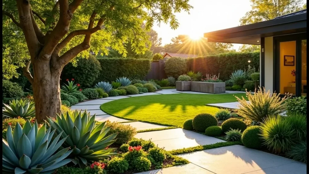 Modern eco-friendly backyard landscape with structured plants, succulents, and curved paths at sunset