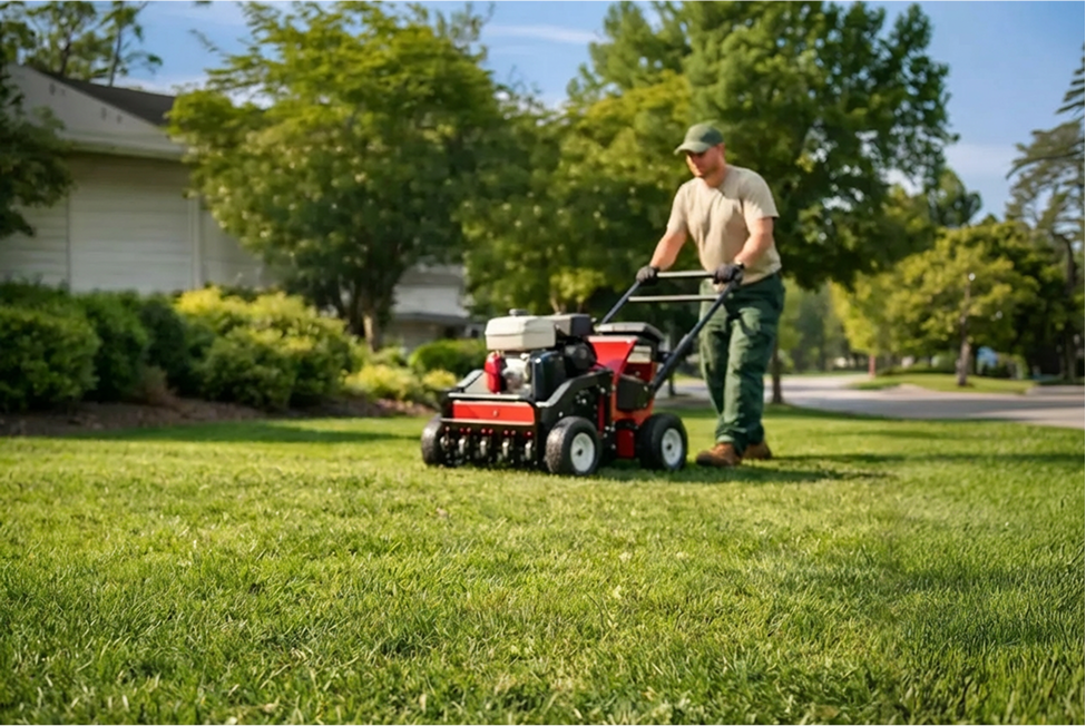 Professional aerating a backyard lawn with core aerator