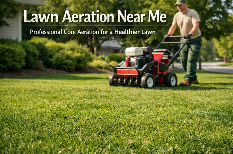 Professional aerating a backyard lawn with core aerator